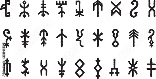 Quadro su tela Collection of ancient runes or symbols with a rough hand drawn appearance alphab