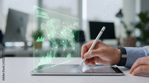 Hand drawing on digital tablet with futuristic holographic world map and global logistics charts.