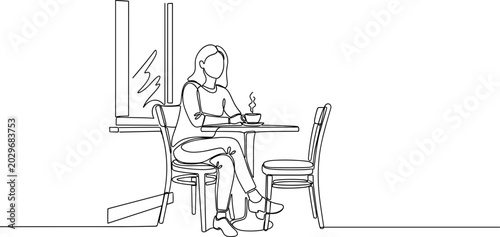 Continuous line drawing of woman sitting at cafe table with coffee, minimalist art