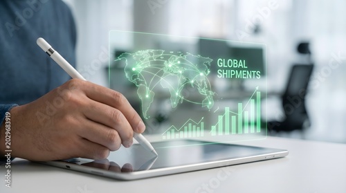 Hand using stylus pen on digital tablet with glowing holographic global map and shipment logistics data.