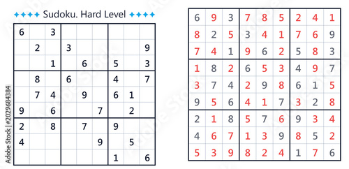 Photos Sudoku grid with puzzle and solution in black and red colors