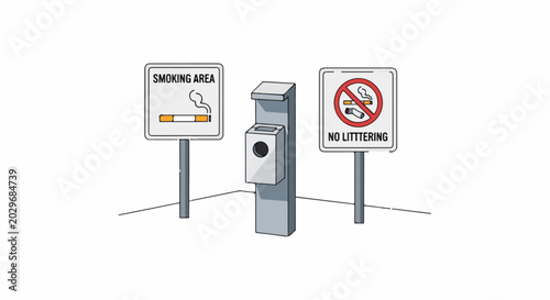 A smoking area sign with a cigarette icon and a no littering sign with crossed cigarettes
