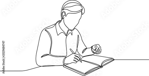Valokuva Man Writing in Book, Continuous Line Drawing, Minimalist Education Concept