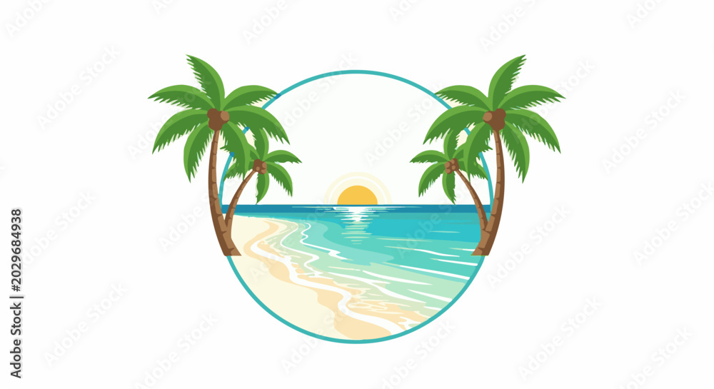 Fototapeta premium A tropical beach scene with palm trees, ocean waves, and a setting sun framed by a circle