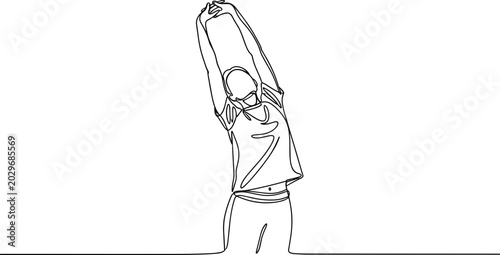 Continuous line drawing of a person stretching arms overhead, symbolizing fitness and wellness.
