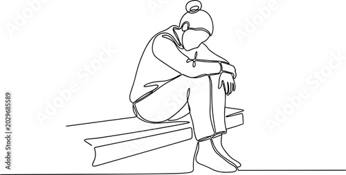 Принти на полотні Continuous line drawing of a sad woman sitting alone, head down, conveying loneliness and sadness