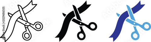 Ceremonial opening scissors cutting ribbon vector icons illustration set flat silhouette