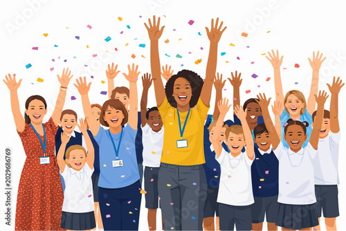 Happy Group of People Celebrating Together, studens and teacher celebration.