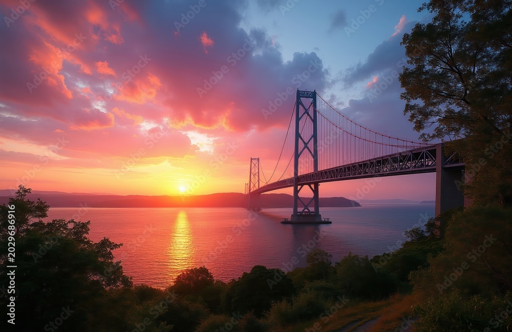 Obraz premium Suspension bridge spans calm water at vibrant sunset. Sun sets over distant hills, casting orange and pink light on clouds and ocean surface. Lush green trees frame the scenic view.