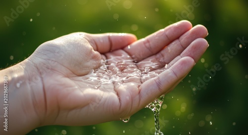 Hand holding water drops falling.