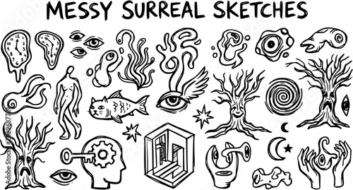 Foto Abstract Surreal Art: Black and White Hand-drawn Line Art Collection of Messy Sketches, Dream Symbols, and Fantasy Elements for Creative Design