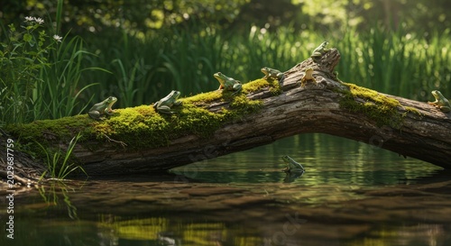 Mossy log over water landscape.