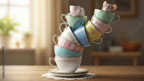 Adorable mouse on top of a wobbly tower of pastel teacups.