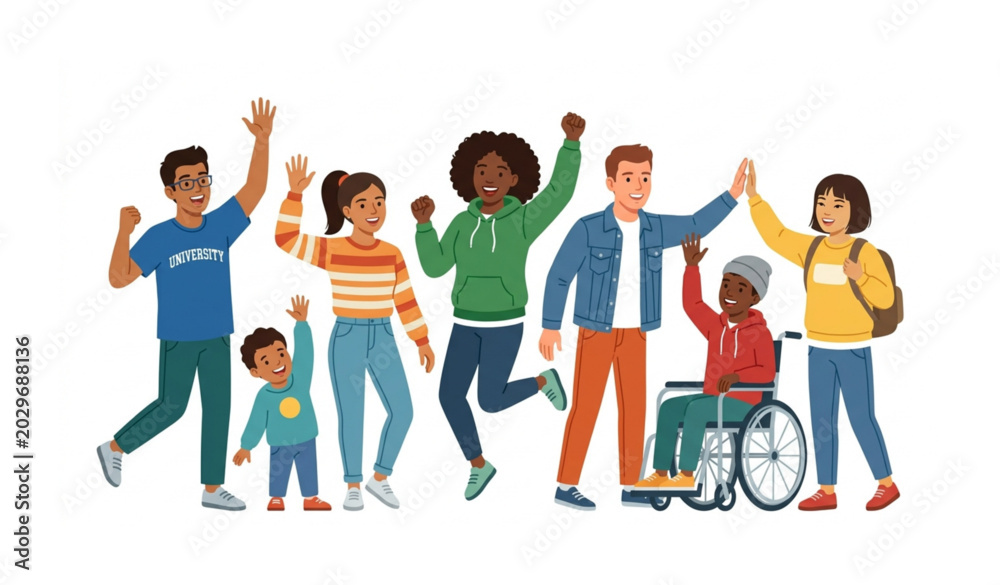 Fototapeta premium Diverse students celebrating success vector illustration community unity teamwork concept