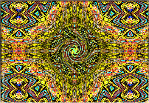 A complex and symmetrical abstract design with a swirling pattern at its center. Vibrant colors like yellow and blue dominate, creating an intricate, mesmerizing effect.