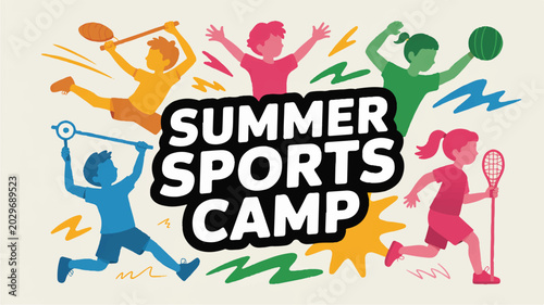Summer sports camp vector illustration with kids playing various sports