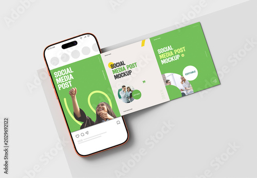 Social Media Carousel Post Mockup with Moblie Phone