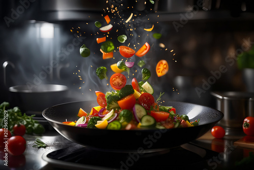 Mixed vegetables cooking in a hot pan with steam rising in a kitchen during meal preparation
