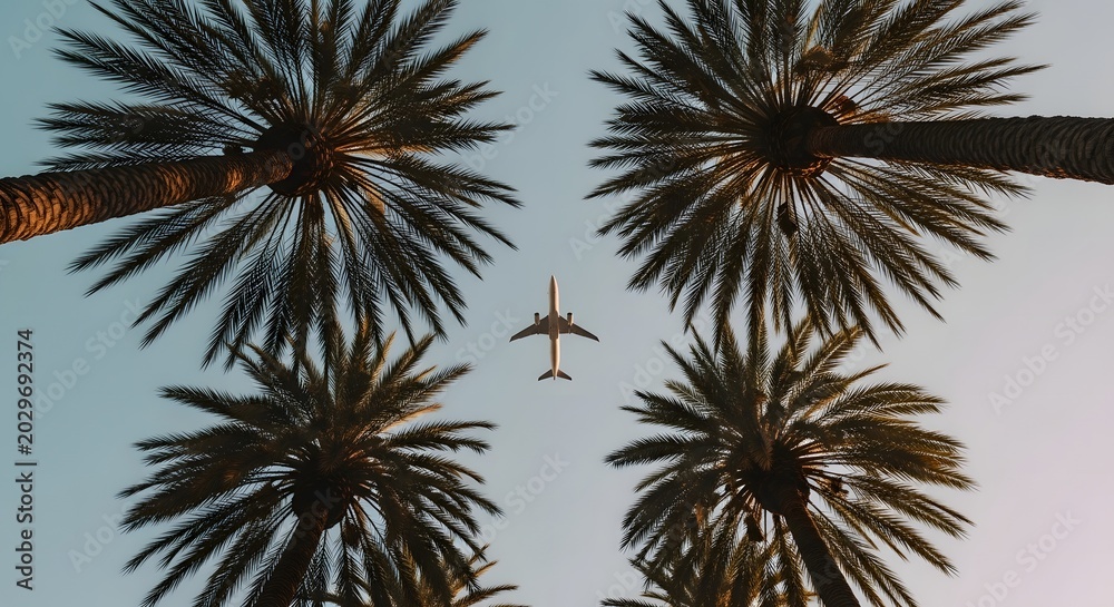 Fototapeta premium Airplane flying over palm trees against clear sky