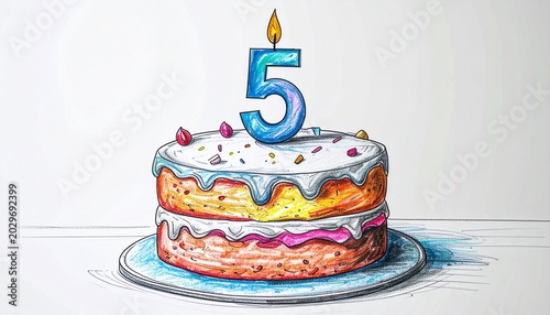 Pencil sketch of a birthday cake with number 5 candle. Festive image for birthday or anniversary party
