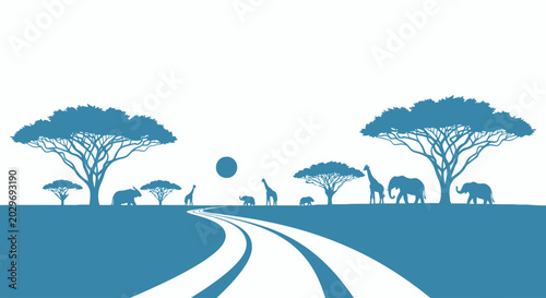 Canvas Print Blue silhouette of savannah wildlife scene.