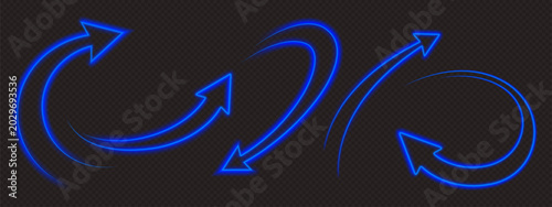 Foto Glowing neon arrow set, blue curvy pointers up and down, 3d vector illustrations isolated on transparent background