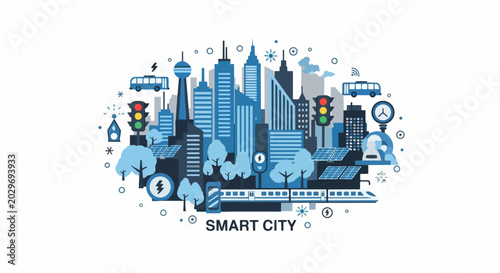 Future Smart City Vector Illustration Featuring Renewable Energy, Electric Transportation, and IoT Technology Connectivity in a Modern Urban Landscape