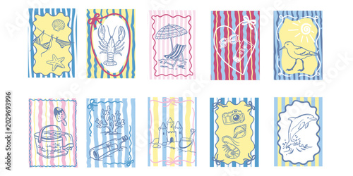 Cute Mediterranean beach summer striped frames and borders set. Vector templates with dolphin, lobster, sandcastle, postage stamps, and seaside illustrations in blue, pink, and yellow colors.