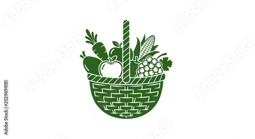 Green woven basket with fresh produce.