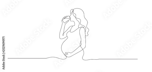 Obraz na plátně One line drawing of pregnant woman drinking milk