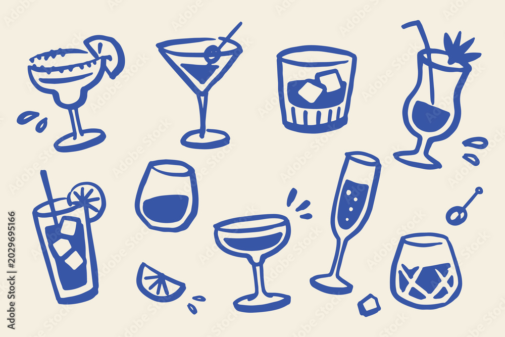 Naklejka premium Cocktail Glasses Set Doodle Sketch Vector Illustration