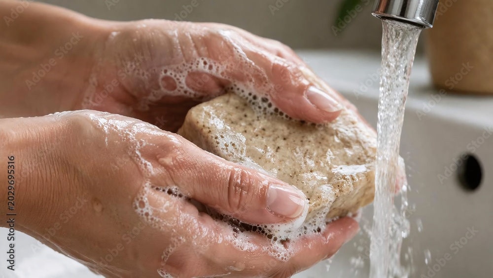 Fototapeta premium Hands holding and lathering a textured natural soap bar under running water from faucet in a sink.