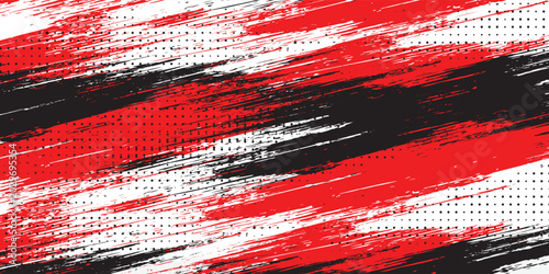 Abstract grunge background with red, black, and white diagonal brush strokes. Modern artistic backdrop with distressed paint texture for urban branding and creative posters.