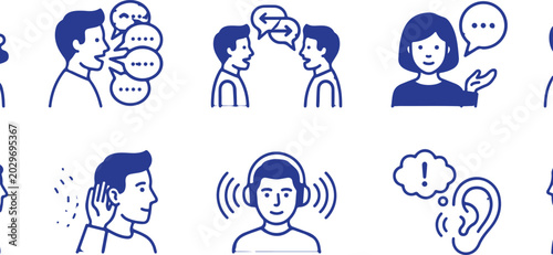 Tableau sur toile Collection of linear communication and listening icons with blue people figures isolated on a white background