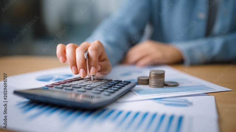 Fototapeta premium Woman calculating finances with calculator