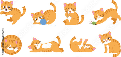 Cuadro en lienzo Cute Orange Tabby Kitten Character Vector Illustration Set Featuring Playful Cat