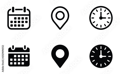 Calendar, time, clock, address, and location icon set for schedule, date reminder, invitation event and business planning, vector