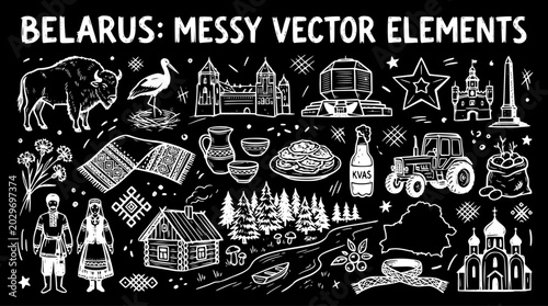 Hand-drawn Belarus Culture  Travel Messy Vector Elements. Black  White Doodle Icons, Symbols, and Landmarks for National Identity.