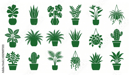 Collection of Green Potted Plant Silhouette Icons Vector Set