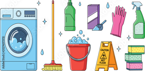 Fotografía Laundry and Home Cleaning Service Vector Icon Set with Washing Machine Broom Soa
