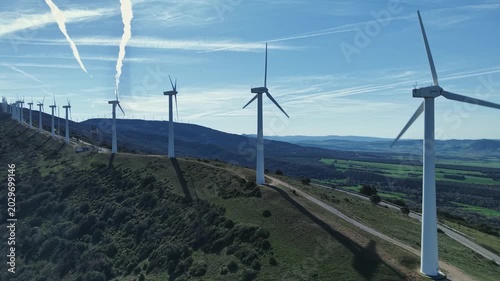 4K 60P drone lateral shot over Alto del Perdon on the Camino de Santiago Frances in Spain
