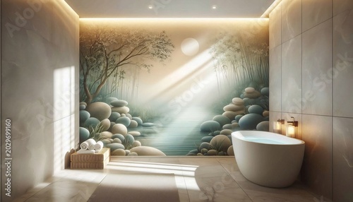 Serene Bathroom Oasis with Nature Mural and Freestanding Tub.