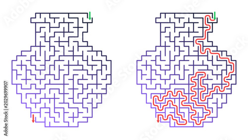 Maze design in a vase shape with path highlighted in red  