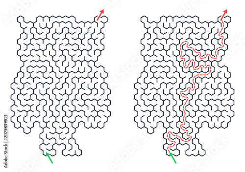 Maze diagram showing paths from start to finish with red trace  