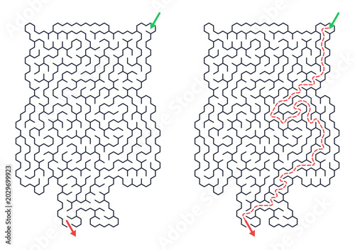 Maze with entrance and exit lines drawn through pathways  