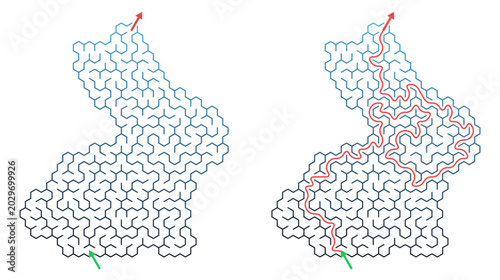 Abstract maze illustration with pathways and solution drawings  