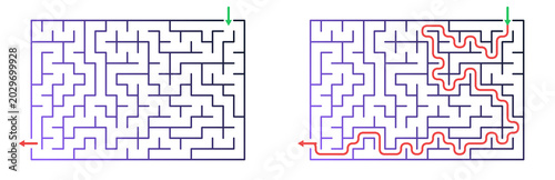 Fotografie Outline of a maze with solution path highlighted in red and green