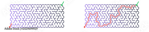 Maze puzzle with unresolved path and completed route illustration  