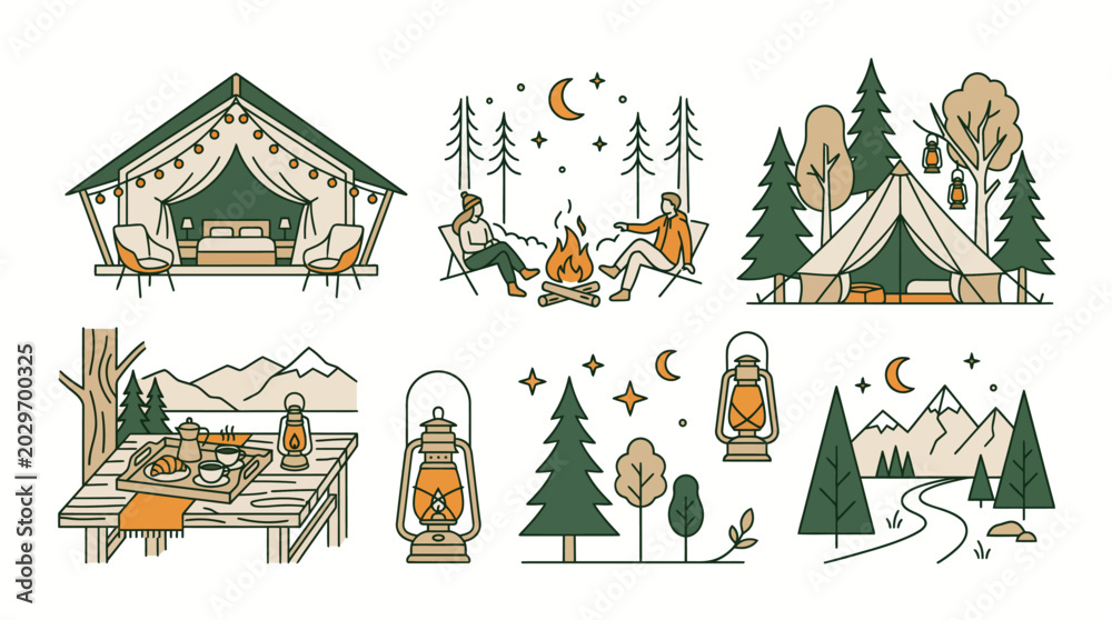 Fototapeta premium Camping and outdoor recreation illustrations set.