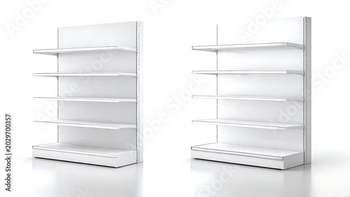 Empty White Shelving Units on White Background.